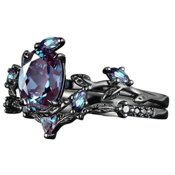 Pear Cut Alexandrite & Moissanite 2 piece Bridal Wedding engagement ring Rhodium - Picture 4 of 9